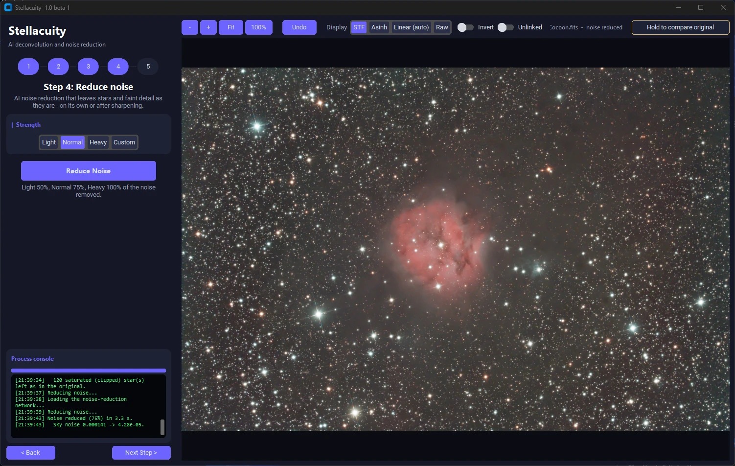 The Stellacuity window: the Cocoon Nebula after noise reduction